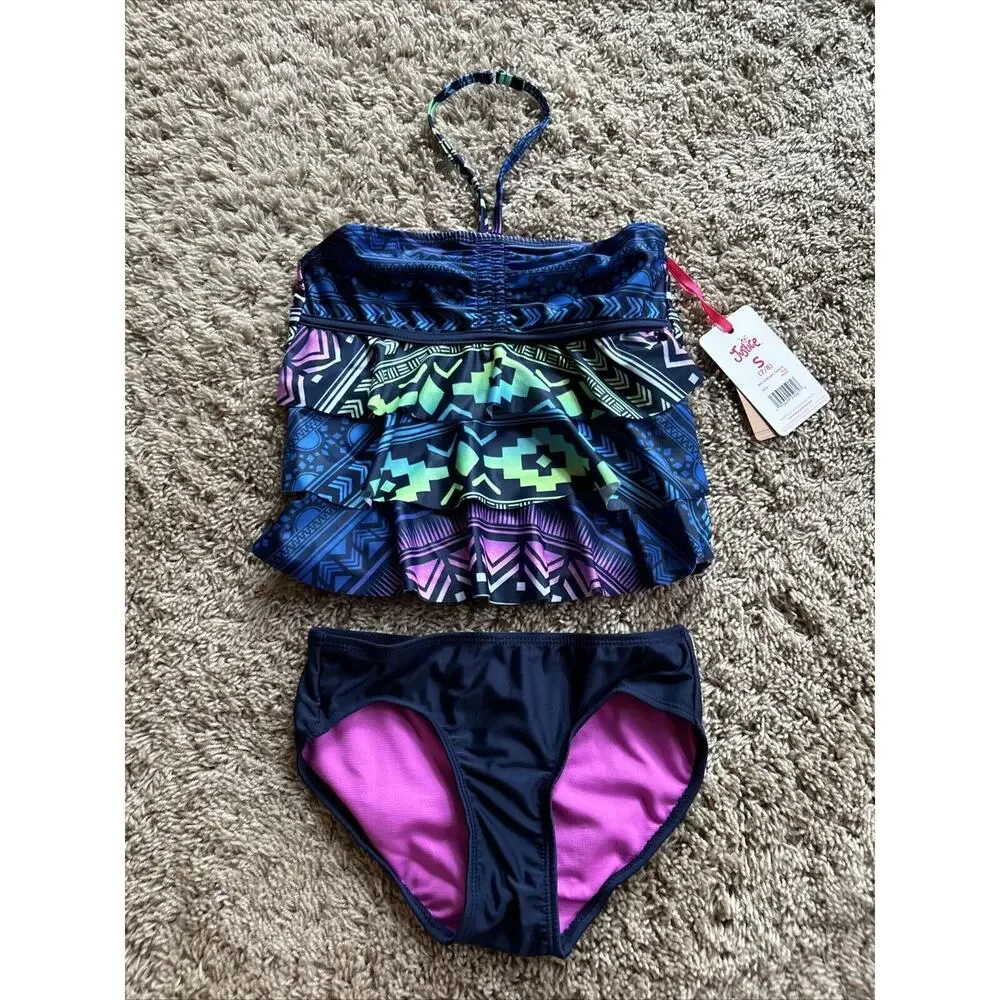 JUSTICE Size 7/8 Girls SWIMSUIT Tankini Ruffle Halter Swim Suit Cupcake Blue Q24